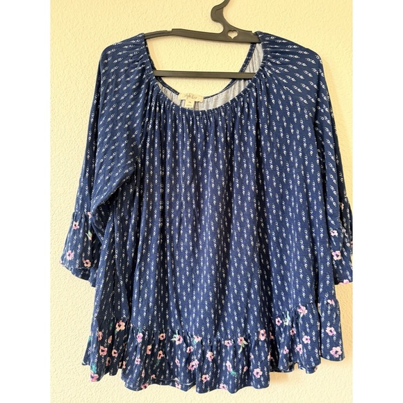 Style & Co Blue Floral Peasant Blouse PXL 3/4 Sleeve Boho Stretch Top - Picture 2 of 14